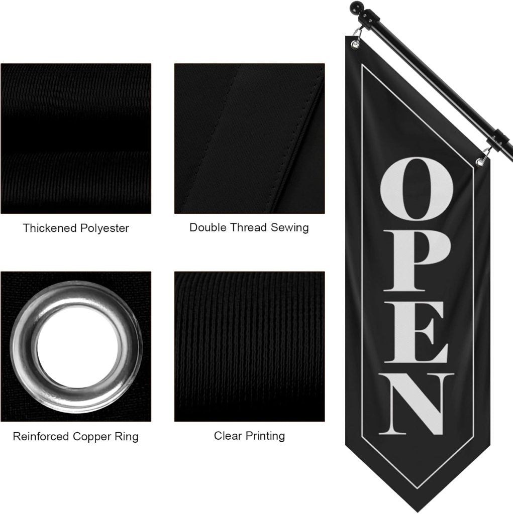 Vintage Style Open Flag, Double - Sided Three - ply Hanging Open Sign with Pole and Mounting Kit (Black - B, 27")